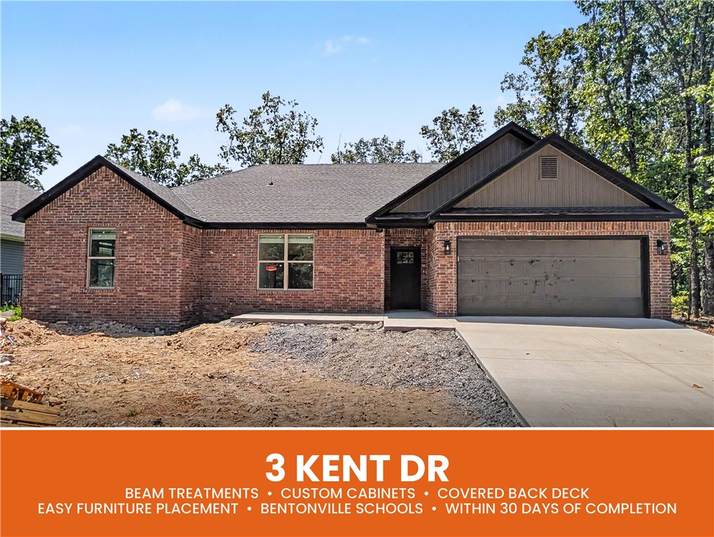 Welcome To Your Next Home At 3 Kent Drive! Bella Vista Flat Yard! Brick Front Exterior With Serious Curb Appeal Sets The Tone Before You Even Walk In. Inside, The Wide Open Living Area With Beam Accented 9 ft Ceiling, And Electric Fireplace Just Feels Right. The Kitchen Delivers Custom Cabinets, Quartz Or Granite Counters, Tile Backsplash, Under-Cabinet Lighting, A Pantry, Bar Seating, And Eat-In Dining... Because Life Happens In The Kitchen. The Primary Suite Features Beam Accents; Dual Vanity, Private Potty Closet, Full Custom Tile Shower, And A Walk-In Closet In Primary Bath. Two Add'l Room Plus A Full Hall Bath With Dual Vanity Round It Out Nicely. Storage Galore Throughout, A Covered Back Deck, And World-Class Mountain Bike Trails Close By. Bentonville Schools.  **Deeded as a 2 bed septic. 3rd room to be considered bonus/office or nother non sleeping room.