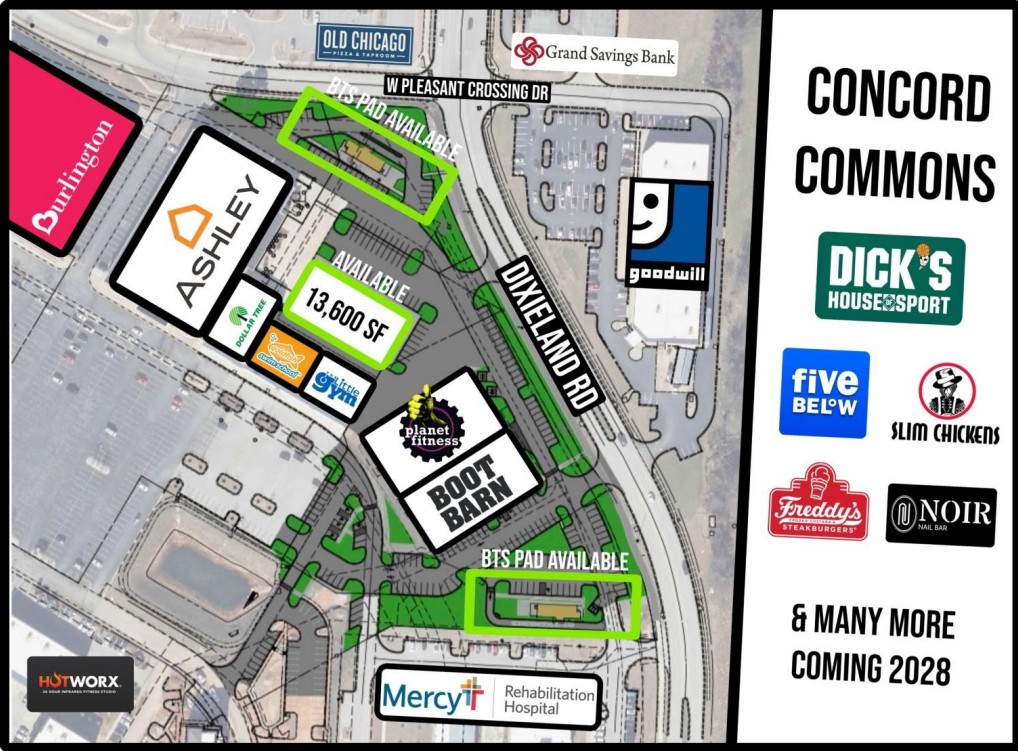 Build-to-Suit or ground lease opportunities available. Rent to be determined after underwriting. Strong traffic counts on Pleasant Grove Road and Dixieland, excellent visibility, highly accessible pad, with co-tenancy to Burlington, Ashley Furniture and Planet Fitness. Directly across from new 37 acre, Concord Commons development, anchored by Dick's House of Sport.