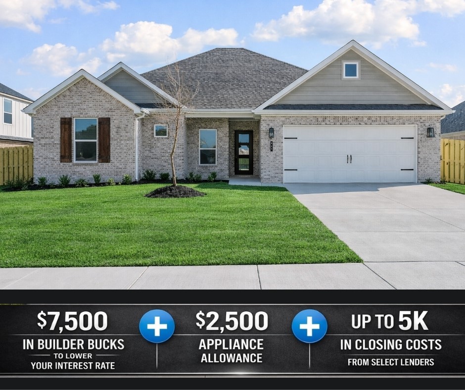 Bariloche sits less than 5 miles from I-49, offering convenient access to everything Northwest Arkansas has to offer.The Juniper floor plan features 2,158 square feet of thoughtfully designed one-story living; the open-concept layout seamlessly connects the living, dining, and kitchen areas—perfect for both everyday living and entertaining.Durable and stylish LVP flooring runs throughout the main living areas, kitchen, and hallways, combining beauty with easy maintenance. The spacious primary suite offers a private retreat and includes the added convenience of direct access to the laundry room.Bathrooms feature framed mirrors for a designer-quality finish, along with cabinets over the toilets to provide extra storage space and functionality.  For a limited time, Lower your interest rate with $7,500 from the builder + $2,500 appliance allowance + up to 5k in closing costs from select lenders. For a total of up to 15K with lender incentives. Fence, blinds, and gutters are all included.