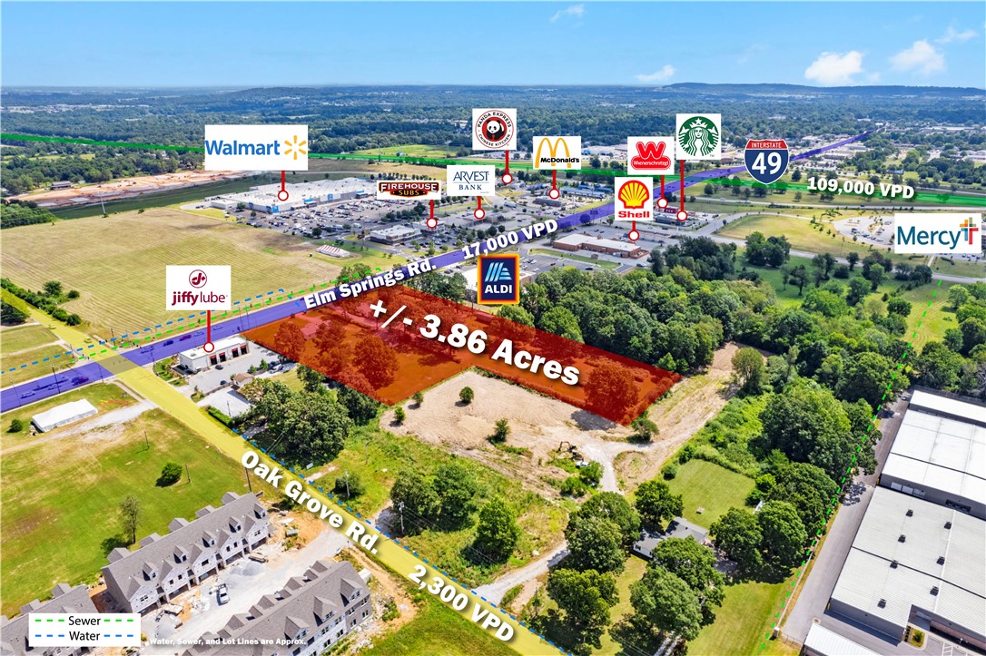Prime development opportunity featuring +/- 3.86 acres of level land just off Elm Springs Rd, one of Springdale's busiest commercial corridors with approx. 17,000 VPD. Strategically located less than half a mile from I-49, which sees around 108,000 VPD, this highly visible site offers exceptional access and exposure for a wide range of commercial developments. Positioned near one of the area's busiest Walmart Supercenters, recognized as a "Test Store", the property benefits from strong traffic generators and an established customer base. Surrounding businesses include Aldi, Arvest Bank, Jiffy Lube, Firehouse Subs, Starbucks, Shell Gas Station, and other national and regional retailers that help drive consistent activity to the area. The offering consists of two adjacent parcels, with one zoned C-5, throughfare commercial and the other zoned A-1. The combination of zoning, location, visibility, and surrounding development creates potential for retail, office, hospitality, mixed-use, or other commercial project.