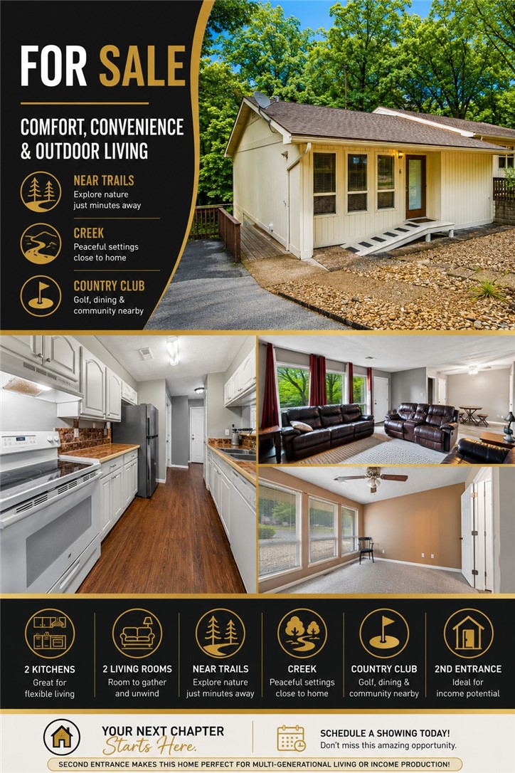 Discover exceptional value in this spacious home nestled among the trees, just minutes from trails, lakes, creeks, waterfalls, golf, and the Bella Vista Country Club. Designed for flexibility, this unique property features 2 kitchens, 2 living rooms, 2 water heaters, 2 utility rooms, multiple decks/patios, & a second private entrance, making it ideal for multi-generational living or income-producing opportunities. Whether you’re looking for space to spread out, room for family, or a home with added versatility, this property offers a rare combination of space, flexibility, and value. Roof replaced in 2022. Priced to Sell!