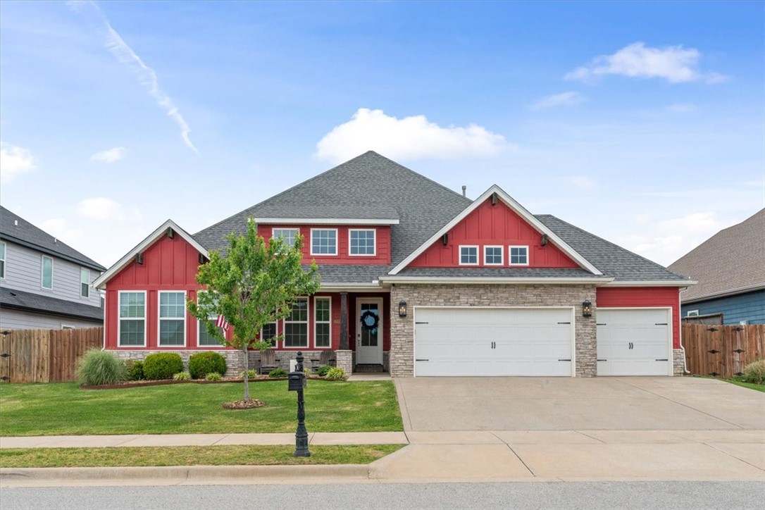 Don't miss this MAPLE ESTATES single story home!  This 4-bedroom, 2.5-bath residence offers 2,608 SF of thoughtfully designed living space with upscale finishes throughout. The spacious kitchen is the heart of the home, featuring an expansive island, butler’s pantry, granite countertops, oversized pantry and gas cooktop with both eat-in kitchen and formal dining room. The living area flows seamlessly with high ceilings lined with beam accents to the outdoor entertaining space with a covered patio, outdoor fireplace, and gas hookup ready for your dream outdoor kitchen. Spacious bedrooms, ample storage, central vac, irrigation system and a 3-car garage add to the appeal. Enjoy neighborhood amenities including a community pool, clubhouse (able to be rented), and pond.   All just minutes from dining, and shopping and in walking distance to highly sought after schools - Gamble Elementary and Bentonville West High School.