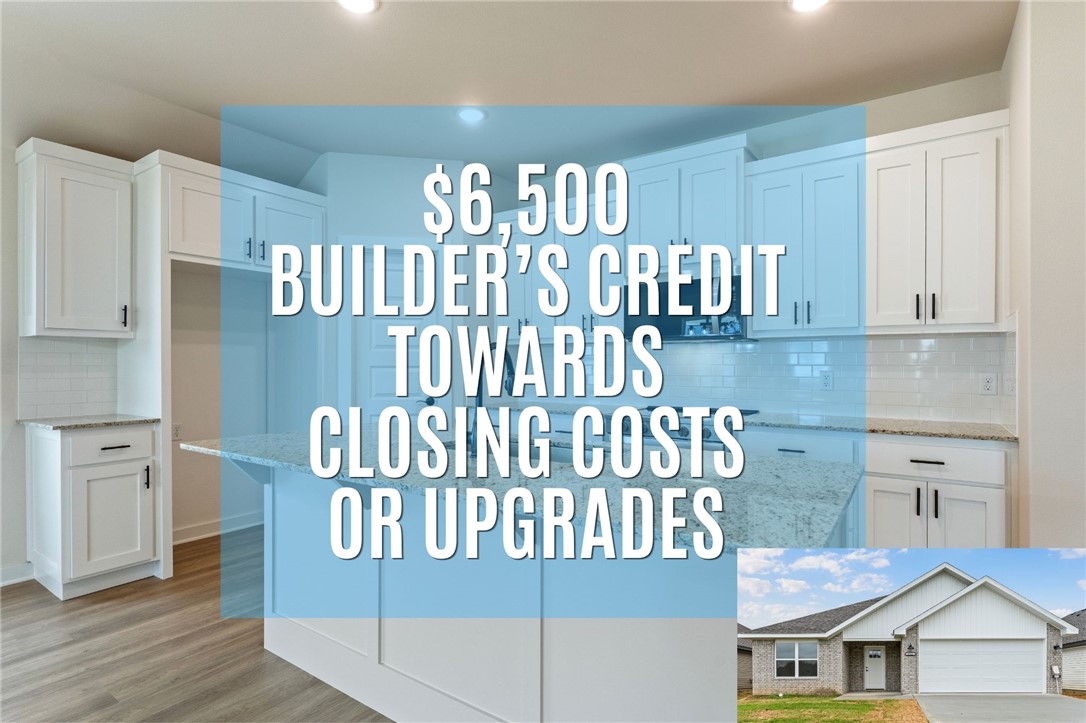 $6,500 Builder's Credit towards closing costs or upgrades for buyers! A high quality, local builder, with over 30 years of experience bringing upscale and dependable homes to NWA! 
Beautiful new construction home now complete and ready for move-in! Spacious open living concept with split floorplan. The kitchen boasts a large pantry with two additional closets by the entryway for all your storage needs! The beautiful island includes a bar to sit at. Living room includes 9 foot ceilings, an electric fireplace with a mantle, and a great view of the covered back patio. The master suite includes a tray ceiling, two vanities, and a large walk-in closet. Spare bedrooms and bathroom have plenty of space to spread out for family, guests, or office space. The large backyard with a covered patio is the perfect place for your summer cookouts! This home is just minutes from Gentry's wonderful community schools, parks, and charming downtown shops and restaurants.