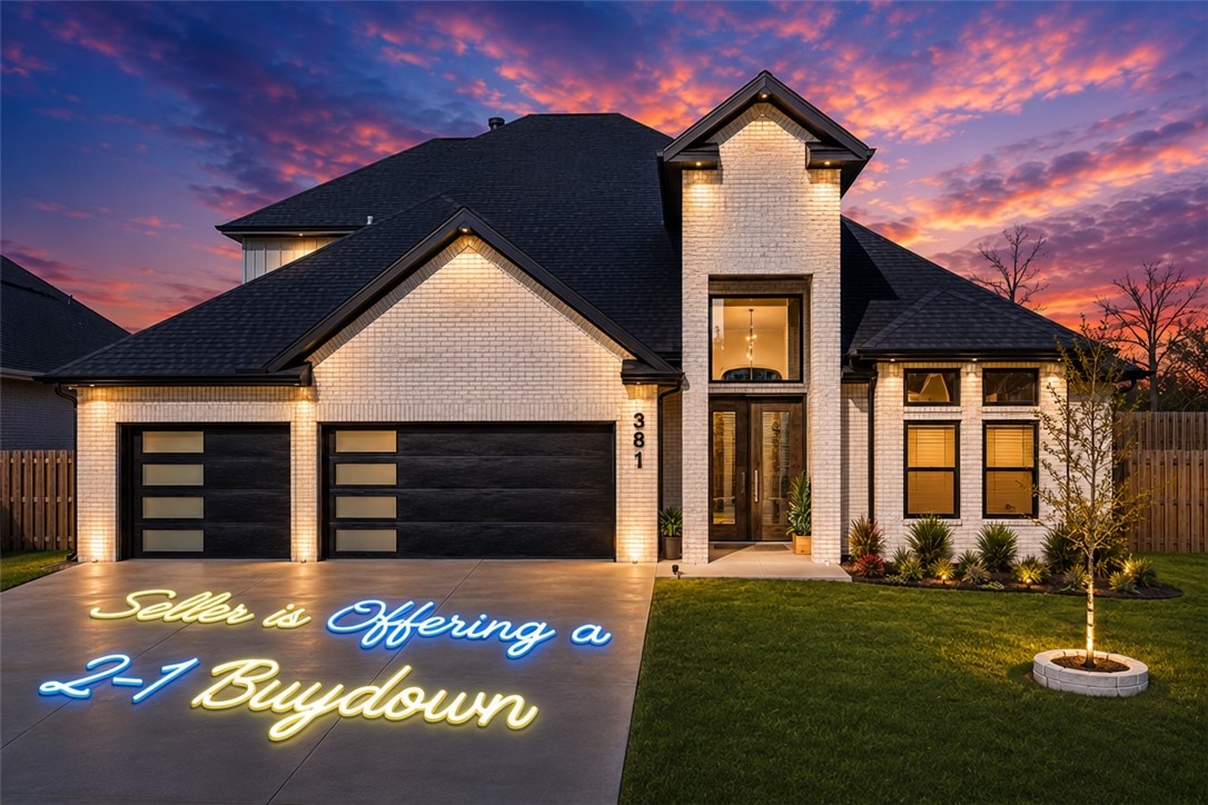 Welcome to Silver Leaf Estates, where luxury living meets effortless style. This stunning 2024 home offers 5 bedrooms, 3.5 baths, and 2,860 sq ft of beautifully upgraded living space, featuring quartz countertops, designer lighting, upgraded appliances, a soaring quartz fireplace, black-on-black windows, custom doors, glass-panel staircase, and spa-inspired baths. The striking white brick exterior, grand dark wood entry, 3-car garage, covered patio, and wood privacy fence complete the package. Silver Leaf Estates is known for its close-knit community, walking trails, community pool, playground, clubhouse, and dog park. Ideally located near everything Bentonville has to offer, including a vibrant downtown, the Walmart Home Office, a new Walmart Supercenter, shopping, dining, and more. Over $100K in upgrades. Seller is offering a 2-1 buydown so you can enjoy lower payments during the first two years!