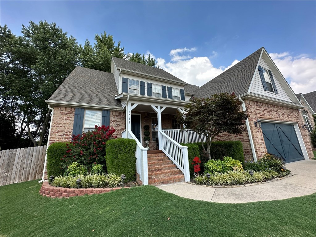 Who wants a putting green in their backyard!!?? Beautiful home in convenient location near parks, schools and easy access to I-49. Home is situated right off a Don Tyson Parkway on a quiet cul-de-sac with no through traffic. Living room has tall ceilings giving a nice open feel and equipped with tall custom fireplace/mantle. Large primary suite with trayed ceilings, and separate outdoor access to beautifully landscaped backyard. Primary suite bath has double vanity, tiled walk-in shower, and large walk-in closet. Enjoy the most peaceful evenings in this beautifully landscaped backyard with all turf grass (NO mowing in back!!) and a PUTTING GREEN for the3 golf lover!! Upstairs has 2 guest bedrooms and a large media room that could double as a 4th bedroom. Gorgeous kitchen cabinetry, gas range and double wall ovens!! Homes like this are hard to come by...jump on it quickly!!