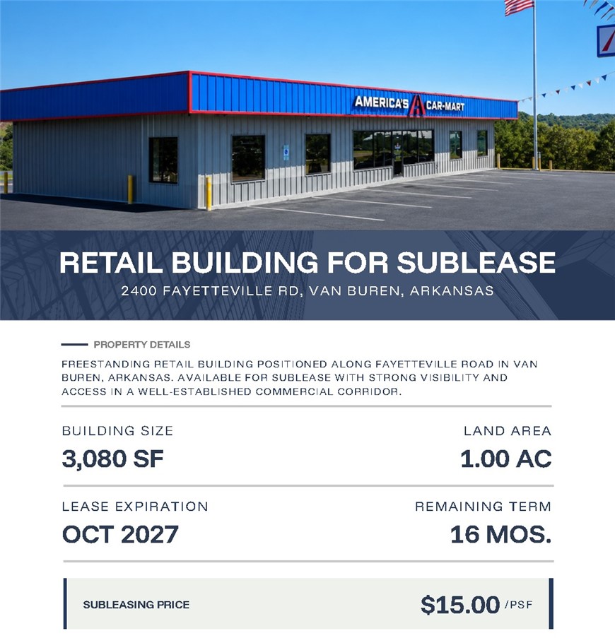Freestanding retail building positioned along Fayetteville Road in Van Buren, Arkansas. Available for sublease with strong visibility and access in a well-established commercial corridor.

Building Size
3,080 SF

Land Area
1.00 AC

Lease Expiration
Oct 2027

Remaining Term
16 Mos.

Subleasing Price
$15.00 / PSF