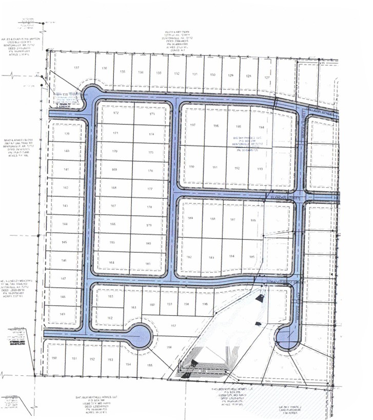 30.71 acre that already has Engineered Preliminary Plat for 72 lots that are .33 acre to over .65 acres.  Property is a continuation of BIG SKY Phase 2 Subdivision that is already 60% built out. 1 mile north of Bentonville West High school and Gamble Elementary School. 15 minute drive down1-49 to NEW Walmart HOME Office Campus and Downtown Bentonville. 20 minutes to Pinnacle Promenade.  15 minutes to OZ Bike trail lift in Bella Vista. 20 minutes to XNA Airport.  City Sewer and Water on site.  Electrical and Gas on site.  Grandfathered to allow utilities OUTSIDE roads instead of new regs that require underneath roads (more expensive).