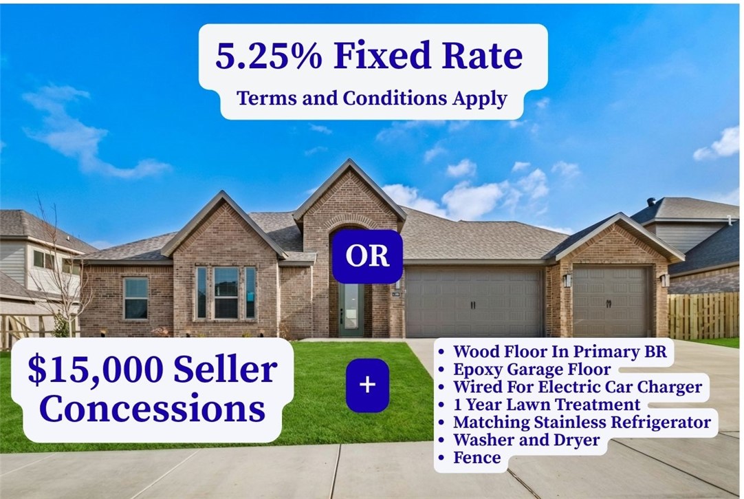 Seller is offering Wood Flooring in the Primary Bedroom, Epoxy Garage Floor, Wired for Electric Car Charger in the Garage, 1 Year Lawn Treatment Program, Matching Stainless Refrigerator, Washer, Dryer, and $15,000 in Closing Costs, OR a 5.25% Fixed Rate (Terms and Conditions Apply with the builder’s preferred lender).
 The Salford in the brand-new Reserve at Wolverine community in Centerton—a stunning two-story, open-concept design that blends style with everyday functionality. Offering 5 bedrooms and 3.5 bathrooms, this home features a kitchen with custom cabinetry, granite countertops, and stainless steel appliances. The primary suite is your cozy retreat at the end of the day, with a tray ceiling, a double vanity, a beautifully tiled shower, and a wrap-around closet to keep everything organized. Step outside to a covered patio with a fenced yard, perfect for relaxing or entertaining. Additional highlights include a 3-car garage, blinds, and gutters.