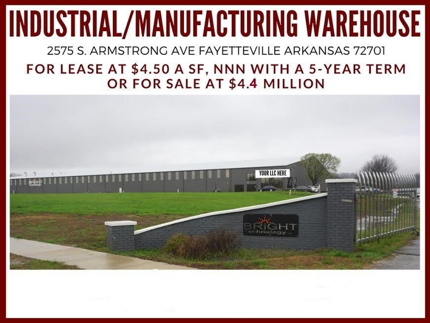 Nicely built 80,360K sq foot warehouse in Fayetteville's Industrial Park. Built in 2015 with many available uses including industrial/manufacturing. Sitting on approximately 7.5 acres with a 6" concrete floor, perfect for heavy equipment use. 30' ceiling +/- &  38.7' peak, lightly used, shared parking lot, perfect for an E-commerce distribution center. Close to the interstate, Downtown Fayetteville, University of Arkansas & many established warehouses, in the area. Please do not disturb the tenants.