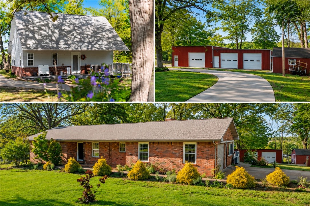 Rare find just minutes from downtown Harrison - this property has a 2,572sf/3 bed/3 bath brick home, 1,152sf/2 bed/2 bath guest house, garage/workshop, & greenhouse - all of this sitting on just over 2 acres with beautiful distant views. Main house has an open living concept with a stunning rock fireplace. This home is wonderful for outdoor entertaining with the partially covered deck. The yard features a variety of fruit trees including apple, peach, nectarine, elderberry, mulberry, and more. Then the guest house, built in 2019, that is ideal for visitors or potential rental income. Main house & guest house share a well with recently updated water line, control box, softener and filter. Main house also has a whole home propane generator which conveys. The 62x26 metal workshop with 3 garage doors is excellent for storage or hobbies. Property also features a fenced in garden area with multiple water spigots for convenience & an 8*12 greenhouse for year-round growing. All of this on one lot – Check it out today!