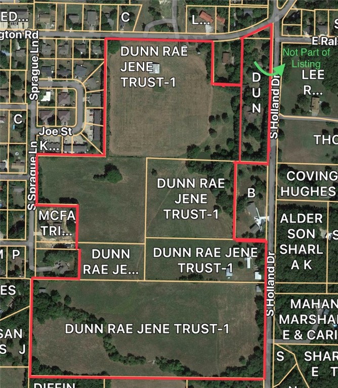Back to market due to the City of Farmington's failure to approve a rezoning request to a higher density PUD, this rare 41.43 acres +/- of contiguous land will require the submittal within the current R1 Zoning regulations for any development.  Located only six minutes from I-49 access on the boundary of Fayetteville and Farmington, this large open pasture land, with three sections of road frontage along Holland Dr, Old Farmington Rd and Sprague Ln allows for a multi phase development. City of Fayetteville sewer and water are located along Old Farmington Rd and Sprague Ln. Fayetteville Schools.  Seller will review offers on 10/31/2024 but may accept an offer prior to then.
