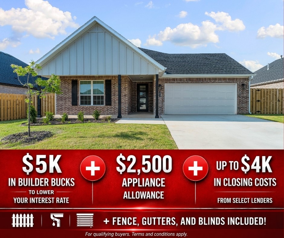 In Pea Ridge, Arkansas, Yorktown Subdivision showcases homes designed to suit a variety of tastes while embracing comfortable, modern living. The Cardinal floor plan offers 1,671 square feet of well-designed space, featuring 3 bedrooms, 2 bathrooms, a 2-car garage, and the ease of one-story living. This home stands out with a grand 8-foot front door that creates a striking first impression while allowing in abundant natural light, and a beautifully appointed kitchen complete with sleek stainless steel appliances that offer both style and long-lasting durability. Thoughtful design and quality finishes throughout make this home an ideal blend of function and elegance.For a limited time, lower your interest rate with 5k in Builder bucks + $2,500 Appliance allowance + up to 4k in closing costs from preferred lenders! Plus, fence, blinds, and gutters are all included.