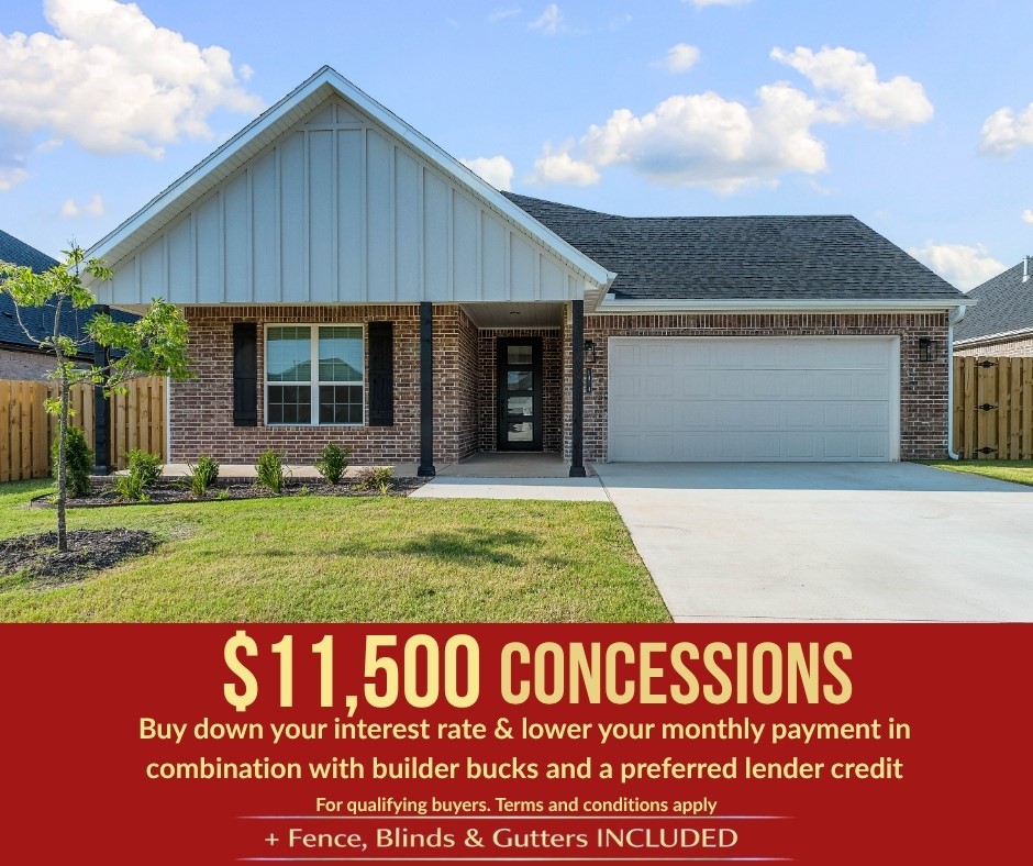 In Pea Ridge, Arkansas, Yorktown Subdivision showcases homes designed to suit a variety of tastes while embracing comfortable, modern living. The Cardinal floor plan offers 1,671 square feet of well-designed space, featuring 3 bedrooms, 2 bathrooms, a 2-car garage, and the ease of one-story living. This home stands out with a grand 8-foot front door that creates a striking first impression while allowing in abundant natural light, and a beautifully appointed kitchen complete with sleek stainless steel appliances that offer both style and long-lasting durability. Thoughtful design and quality finishes throughout make this home an ideal blend of function and elegance.For a limited time, lower your interest rate with up to $11,500 in builder bucks and preferred lender incentives! Plus, fence, blinds, and gutters are all included.