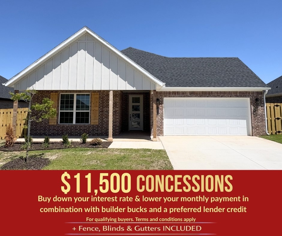 In Pea Ridge, Arkansas, Yorktown Subdivision showcases homes designed to suit a variety of tastes while embracing comfortable, modern living. The Cardinal floor plan offers 1,671 square feet of well-designed space, featuring 3 bedrooms, 2 bathrooms, a 2-car garage, and the ease of one-story living. This home stands out with a grand 8-foot front door that creates a striking first impression while allowing in abundant natural light, and a beautifully appointed kitchen complete with sleek stainless steel appliances that offer both style and long-lasting durability. Thoughtful design and quality finishes throughout make this home an ideal blend of function and elegance.For a limited time, lower your interest rate with up to $11,500 in builder bucks and preferred lender incentives! Plus, fence, blinds, and gutters are all included.