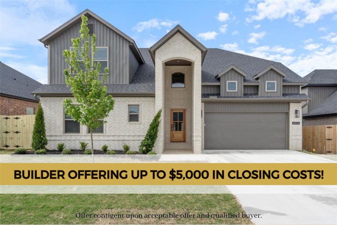 Builder is offering up to $5,000 towards buyers closing costs, rate buydown or towards an appliance package like refrigerator, washer/dryer! Unmatched quality awaits in the “CHARLOTTE” plan, with the primary bedroom, bathroom, spacious primary closet and second guest bedroom and full bathroom on the main level. The second story features two additional guest bedrooms and full bathroom. Upgrades include quartz countertops, two-story open entry way, upgraded lighting fixtures, custom cabinets, black stainless steel appliances, gas fireplace, gas range, tiled walk in shower in primary bathroom & luxury vinyl plank floors throughout all bedrooms & common areas. Enjoy standard inclusions such as insulated garages, full home gutters, privacy fence, & 2” blinds throughout. Community pool coming in Phase 2! Under 10 minutes to XNA Airport and under 20 minutes to Downtown Bentonville and New Walmart Campus! Ask your agent about the additional preferred lender credit. SOUTH FACING!!