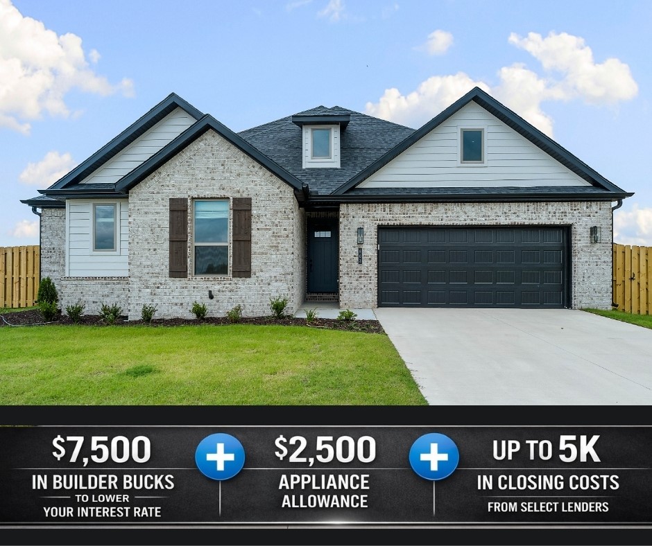 Located just off Highway 412, Bariloche offers quick access to major routes, making daily commutes and travel throughout Northwest Arkansas simple and convenient.The Mulberry floor plan features a layout that provides comfortable, functional space perfect for both everyday living and entertaining.Exterior features include full sod in both the front and back yards, creating an instantly lush look. A thoughtfully designed flower bed and front landscaping add beautiful curb appeal and charm.Inside, bathrooms are enhanced with framed mirrors for a touch of sophistication, along with cabinets installed above the toilets to provide stylish and practical storage.Residents also enjoy access to the community dog park with a walking path located at the back of the neighborhood. For a limited time, Lower your interest rate with $7,500 from the builder + $2,500 appliance allowance + up to 5k in closing costs from select lenders. For a total of up to 15K with lender incentives. Fence, blinds, and gutters are all included.