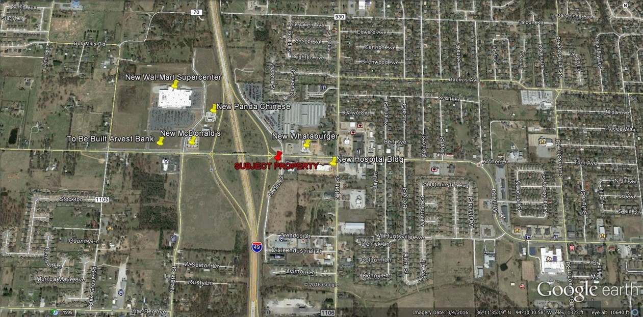 Great location and visibility from I-49. New Wal-Mart supercenter being constructed on NWC of 540 and Elm Springs Rd. 2012 traffic counts: 71k on I-49 north of Elm Springs, 67k on I-49 south of Elm Springs; 26k on Elm Springs Rd at property.