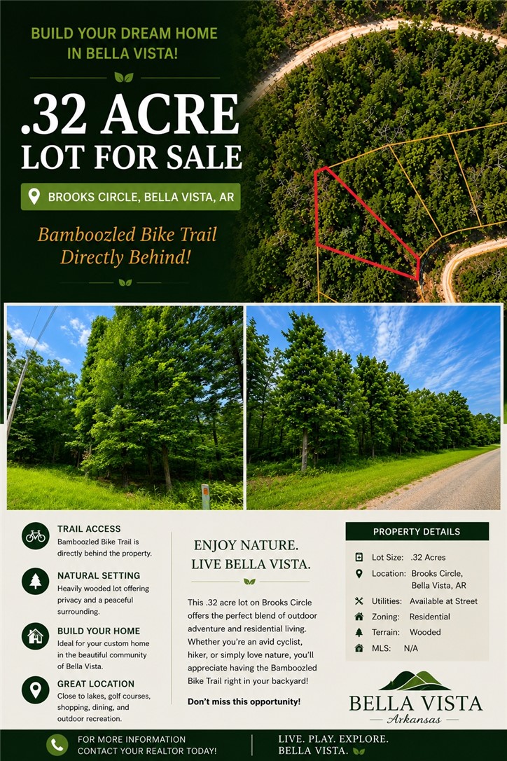 Beautiful wooded .32 acre lot in Bella Vista offering a peaceful natural setting with mature trees and gently sloping terrain with direct access to Bamboozled trail behind the lot. Ideal opportunity to build your dream home surrounded by nature while still being close to trails, lakes, golf courses and all the amenities Bella Vista has to offer. Enjoy privacy, scenic surroundings, and easy access to outdoor recreation in one of Northwest Arkansas’ most sought after communities. No survey or soil percolation test has been completed on the lot. No sellers property disclosure will be provided. Agent Owned