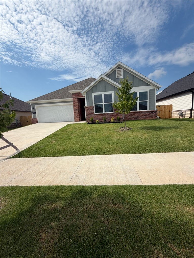 Nice new construction in Osage Hills neighborhood. The Benton plan with garage on the left and North facing features 4 bedrooms 2 full bathrooms! 10 ft ceilings in the living/kitchen area, linear electric fireplace in the living, 1 level, LVP flooring throughout the main living areas and primary bedroom, quartz countertops and more. Chef's kitchen boasting frigidaire stainless steel appliances, gas range, pantry, quartz countertops, bar pull handles, large island and gorgeous backsplash. Luxurious primary bedroom features abundant natural light, while the spa-like primary bathroom offers a walk-in shower, double sinks, and spacious walk-in closets. Additional features include three large secondary bedrooms and a separate laundry room. Nestled on a generous lot with covered patio that overlooks the serene sodded, fully fenced backyard.