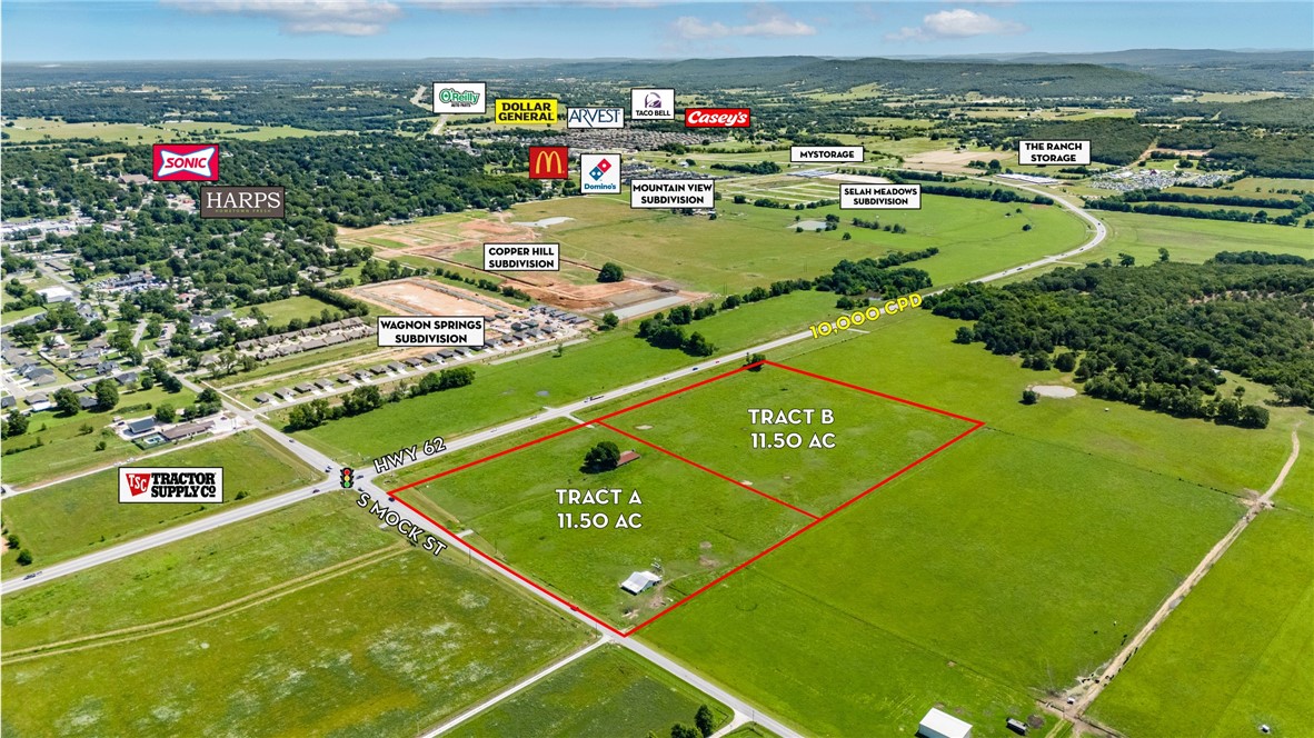 Large tracts of land situated at a 4-way lighted intersection along Hwy 62 in Prairie Grove. Property suits many uses and can be subdivided as needed. This is an opportunity to be centrally located in a town experiencing immense commercial and residential growth.

Cleared & level lots with access on Hwy 62 & Hogeye Rd.
Can be subdivided as needed. 
Water & electric on site. Sewer available across highway. 
Approx. 1,314' of Hwy 62 frontage with 8,700 CPD
Ideal for commercial, multi-family, & residential uses. 
7 miles to Farmington & 10 miles to I-49.