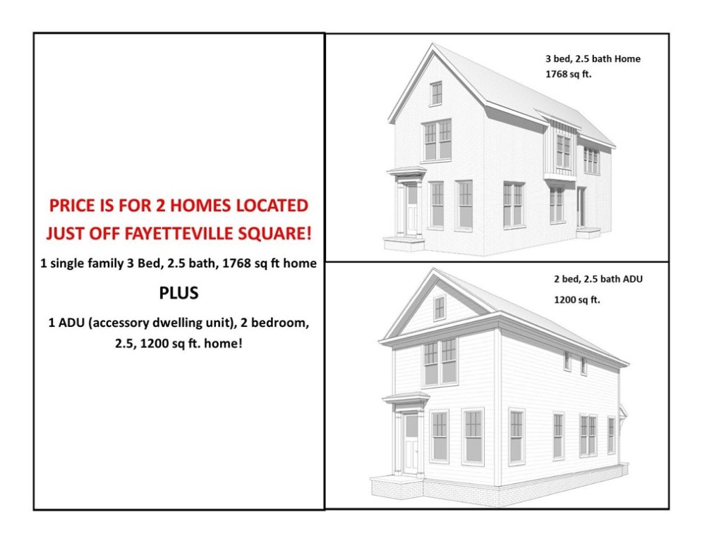 Rare opportunity to own not one, but 2 homes just off the Fayetteville Square!!  Property will have a 1768 sq ft, 3 bed, 2.5 bath home in front with a detached 1200 square ft. 2 bed, 2.5 ADU in back.  Property is walking distance to The Square, Farmers Market, Dickson St, Walton Arts center, state of the art Public Library, shopping, coffee shops, and several Fayetteville staple restaurants including Hugo's, Feed & Folly, Cheers, Atlas, Tula, Vetro 1925, Taste of Thai, Tiny Tim's Pizza and several more! Easy bike or commute to the University of Arkansas, Razorback Stadium, Bud Walton Arena (The Basketball Palace of Mid-America) & Baum Walker. Both homes feature Hardwood Floors throughout, quartz counter tops, gas range, open layout, low E Windows, cased windows, and so much more! Don't miss out on this rare opportunity to own 2 amazing homes right in the middle of Downtown Fayetteville!  Perfect opportunity to live in one, a rent out the other.