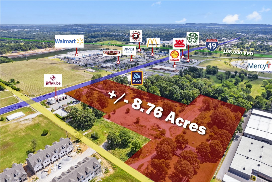 Prime development opportunity! +/- 8.76 Acres of level, partially wooded land just a half mile away from
I-49 which sees around 108,000 VPD! This piece of land is strategically located near one of the busiest
Walmart Supercenters, considered a "Test Store" and surrounded by excellent neighboring businesses,
including Aldi, Arvest Bank, Starbucks, Firehouse Subs, a Shell Gas Station, and more. These businesses
help provide a solid local demographic and potential customer base. 319' road frontage along Elm Springs Rd., which sees around 17,000 VPD and 238' road frontage along Oak Grove Rd., which sees around 2,300 VPD. Currently zoned A-1 and C-5 offering flexibility for various development possibilities. Don't miss out on this ideal site for your next project!