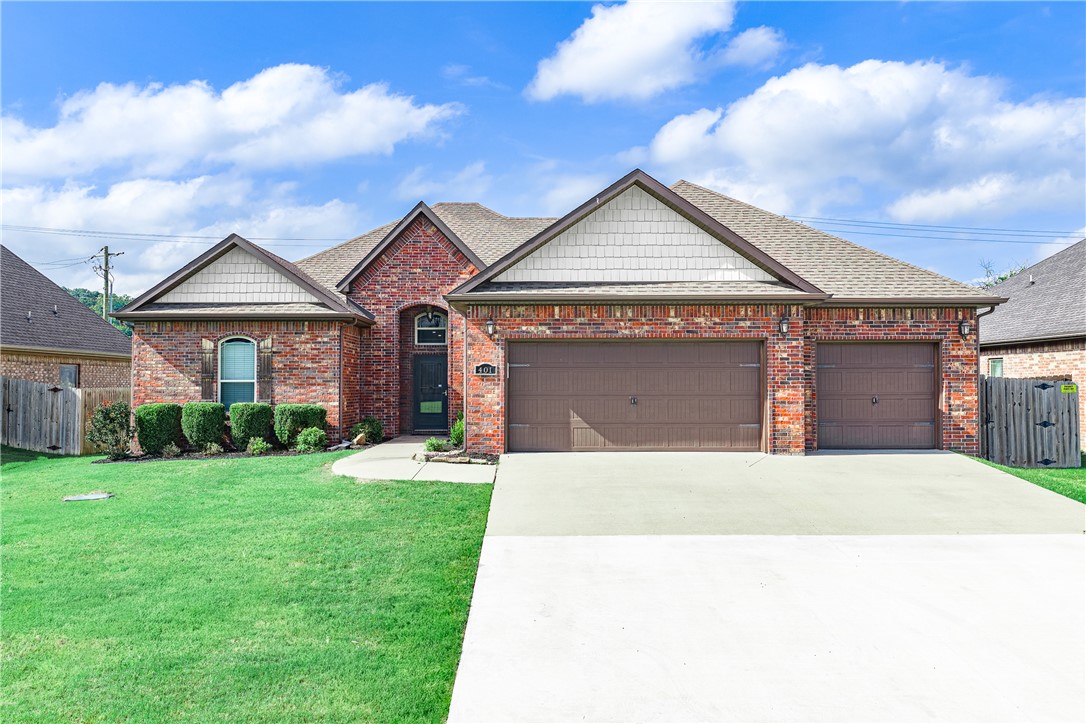 Tucked at the end of a quiet dead-end street, just steps from The Creeks Golf Course, this gorgeous all-brick 4-bedroom, 2-bath home in Cave Springs is a rare find. Built in 2016, the 2,158 sq ft layout is finished with crown molding, granite counters, and beautiful tile and wood floors throughout. The showstopper kitchen boasts a massive walk-in pantry and opens directly to the living room, where a cozy fireplace anchors a soaring vaulted ceiling with breathtaking countryside views. The oversized master suite impresses with a huge walk-in closet that connects seamlessly to the utility room and flows right out to the 3-car garage — effortless everyday living. Relax on the covered screened patio with a private fenced backyard.