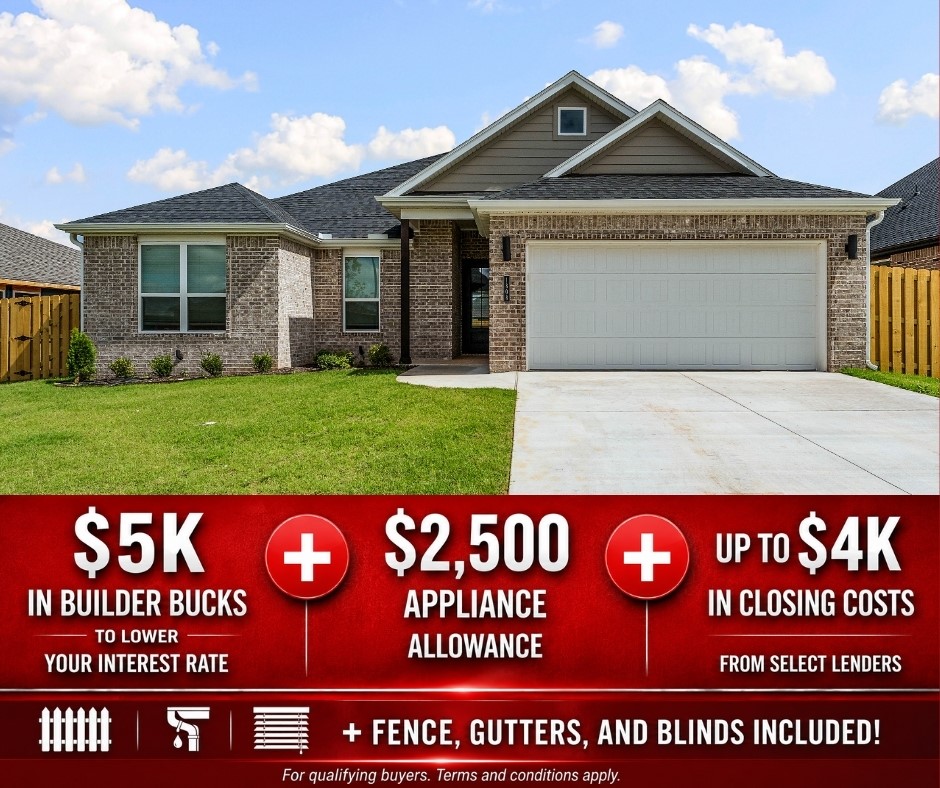 Welcome to Yorktown Subdivision, where traditional charm meets modern design in the heart of Pea Ridge. The Sparrow floor plan offers 1,660 sq ft of efficient, stylish living space featuring 4 bedrooms, 2 bathrooms, a 2-car garage, and all on one level.This home is designed with both comfort and quality in mind. Enjoy an insulated garage door and walls for improved energy efficiency and year-round comfort. The bathrooms showcase tile extending all the way to the ceiling, creating a sleek, upscale look that’s also easy to maintain. In the kitchen, a gas cooktop with an exterior-vented hood delivers high-performance cooking and ventilation.For a limited time, lower your interest rate with 5k in Builder bucks + $2,500 Appliance allowance + up to 4k in closing costs from preferred lenders! Plus, fence, blinds, and gutters are all included.