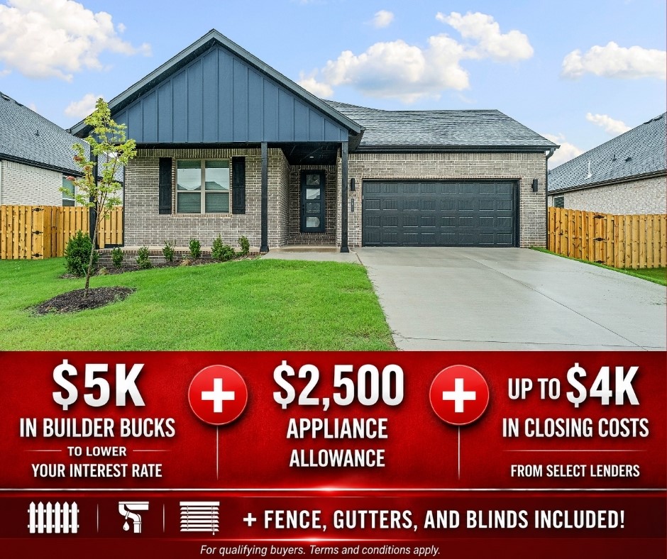 Discover Yorktown Subdivision in Pea Ridge — where classic design meets modern living.Welcome to the Cardinal plan, this open-concept layout seamlessly connects the living, kitchen, and dining areas, featuring durable LVP flooring throughout the main living spaces.Enjoy thoughtful upgrades like fully insulated garage doors and walls for enhanced energy efficiency and year-round comfort, plus a striking 8-foot front door that creates an impressive entry and fills the home with natural light.The kitchen and living areas are perfect for entertaining, while the private spaces shine with carpeted bedrooms, tiled bathrooms, and a tiled utility room. The primary bedroom is a true retreat, highlighted by elegant ceiling beams that add warmth and character.For a limited time, lower your interest rate with 5k in Builder bucks + $2,500 Appliance allowance + up to 4k in closing costs from preferred lenders! Plus, fence, blinds, and gutters are all included.