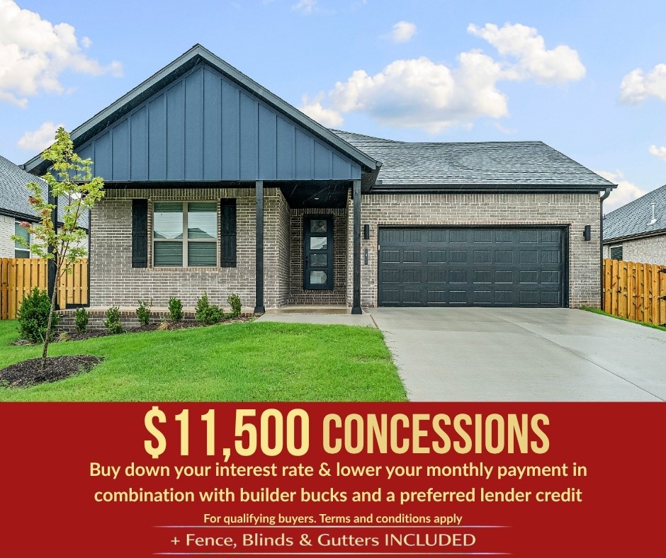 Discover Yorktown Subdivision in Pea Ridge — where classic design meets modern living.Welcome to the Cardinal plan, this open-concept layout seamlessly connects the living, kitchen, and dining areas, featuring durable LVP flooring throughout the main living spaces.Enjoy thoughtful upgrades like fully insulated garage doors and walls for enhanced energy efficiency and year-round comfort, plus a striking 8-foot front door that creates an impressive entry and fills the home with natural light.The kitchen and living areas are perfect for entertaining, while the private spaces shine with carpeted bedrooms, tiled bathrooms, and a tiled utility room. The primary bedroom is a true retreat, highlighted by elegant ceiling beams that add warmth and character. For a limited time, lower your interest rate with up to $11,500 in builder bucks and preferred lender incentives! Plus, fence, blinds, and gutters are all included.