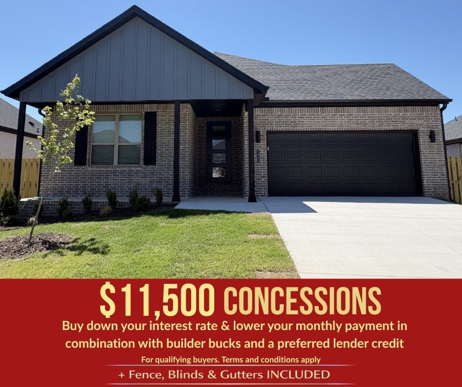 Discover Yorktown Subdivision in Pea Ridge — where classic design meets modern living.Welcome to the Cardinal plan, this open-concept layout seamlessly connects the living, kitchen, and dining areas, featuring durable LVP flooring throughout the main living spaces.Enjoy thoughtful upgrades like fully insulated garage doors and walls for enhanced energy efficiency and year-round comfort, plus a striking 8-foot front door that creates an impressive entry and fills the home with natural light.The kitchen and living areas are perfect for entertaining, while the private spaces shine with carpeted bedrooms, tiled bathrooms, and a tiled utility room. The primary bedroom is a true retreat, highlighted by elegant ceiling beams that add warmth and character. For a limited time, lower your interest rate with up to $11,500 in builder bucks and preferred lender incentives! Plus, fence, blinds, and gutters are all included.