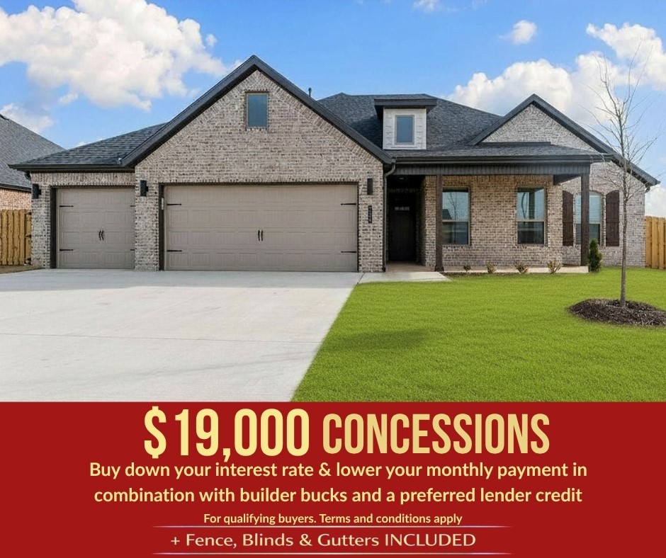 For a limited time receive 15K in builder bucks and up to 4K from select lenders.Introducing the 2,282 plan this split layout features 4 bedrooms and 2.5 bathrooms. The primary suite is privately situated on one side of the home and offers a seamless flow from the bedroom to the bathroom, into the walk-in closet, and directly into the utility room. On the opposite side, three additional bedrooms share a full bath. At the center of the home, a vaulted living room opens to the kitchen and dining area. The living room showcases an electric fireplace, while the kitchen features beautiful quartz countertops throughout and a charming breakfast nook for casual dining. A convenient half bath is located just off the kitchen. Enjoy relaxing evenings on your covered front and back porches, with the backyard enclosed by a privacy fence. Plus a 3-car garage. Fence, blinds, and gutters are all included.
