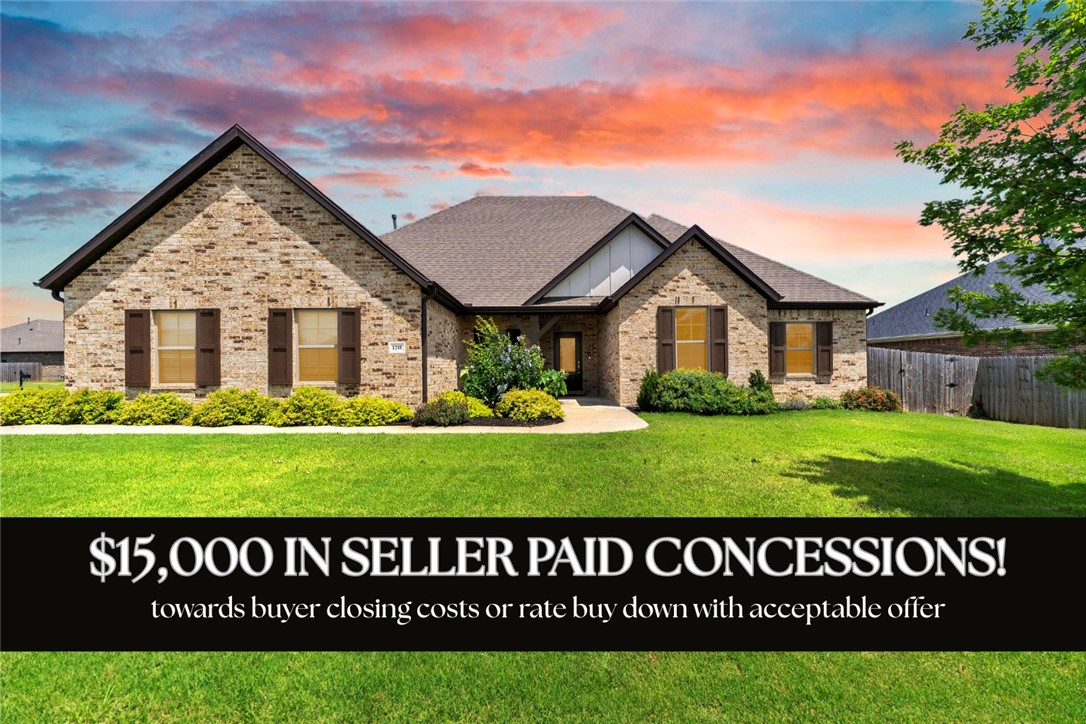SELLER IS OFFERING $10,000 IN BUYER CONCESSIONS WITH ACCEPTABLE OFFER! This flexible floor plan features 4 bedrooms and 3 full baths on the main level, plus an upstairs bonus room ideal for a media room, home office, playroom, or second living area. You'll love the abundant storage, including extensive cabinetry, spacious closets, and a large walk-in attic storage area above the 3-car garage. Situated on a desirable corner lot, this all-brick home showcases cathedral ceilings, wood flooring, and a covered patio with privacy wall and fenced backyard, perfect for relaxing or entertaining. Neighborhood amenities including a community pool, pavilion, and playground, all conveniently located just minutes from I-49, Arvest Ballpark, Tontitown Winery, and Arkansas Children's Northwest.