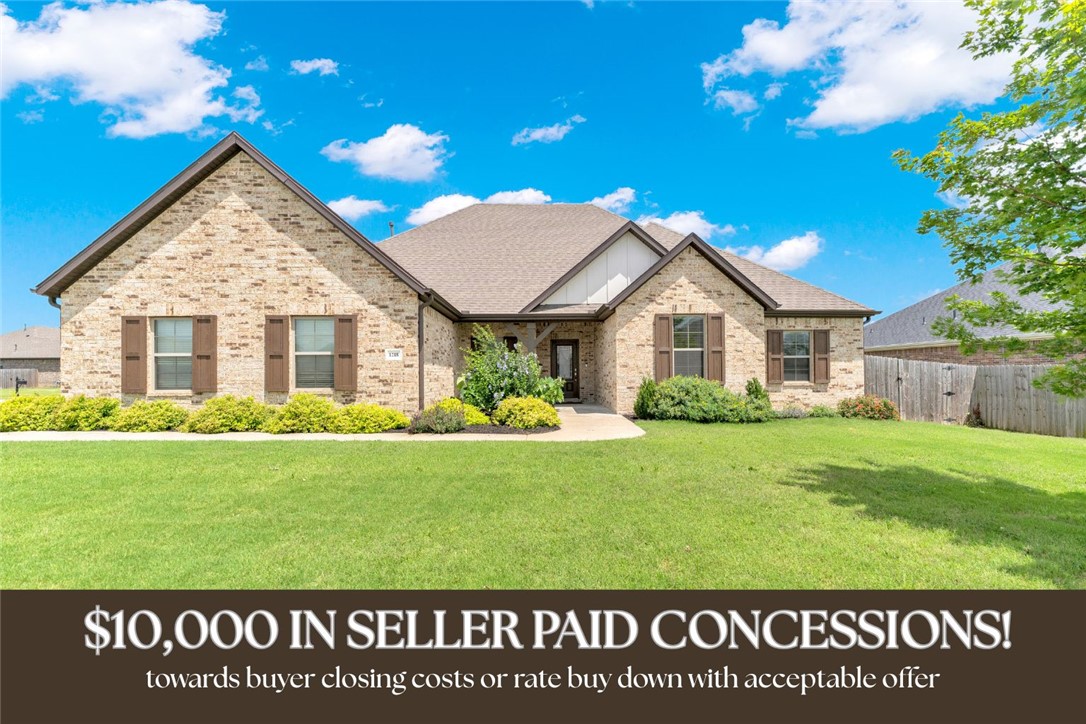SELLER IS OFFERING $10,000 IN BUYER CONCESSIONS WITH ACCEPTABLE OFFER! This flexible floor plan features 4 bedrooms and 3 full baths on the main level, plus an upstairs bonus room ideal for a media room, home office, playroom, or second living area. You'll love the abundant storage, including extensive cabinetry, spacious closets, and a large walk-in attic storage area above the 3-car garage. Situated on a desirable corner lot, this all-brick home showcases cathedral ceilings, wood flooring, and a covered patio with privacy wall and fenced backyard, perfect for relaxing or entertaining. Neighborhood amenities including a community pool, pavilion, and playground, all conveniently located just minutes from I-49, Arvest Ballpark, Tontitown Winery, and Arkansas Children's Northwest.
