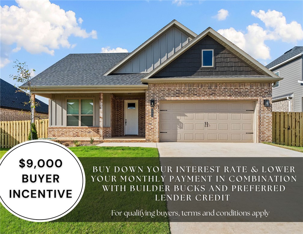 For a limited time, lower your interest rate with up to $9,000 in builder bucks and preferred lender incentives! Plus, fence, blinds, and gutters are all included. Nestled in the heart of Pea Ridge, the Yorktown Subdivision offers a perfect blend of classic charm and modern design, exemplified by the Stork plan—a stunning 2,009 sq ft single-story home featuring 4 bedrooms, 2.5 baths, and a spacious 2-car garage with depths ranging from 20 to 24 feet, ideal for larger vehicles and additional storage. The thoughtfully designed layout places all secondary bedrooms at the front of the home for added privacy, while the primary suite is tucked away at the back and connected to a convenient utility room. The open-concept living, dining, and kitchen areas create a seamless flow perfect for entertaining and everyday living. Step outside to enjoy a fully sodded front and back yard, complete with a fenced backyard and a covered patio.