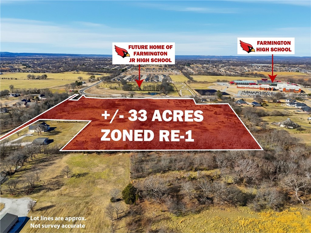 Rare opportunity to acquire prime residential development land in Farmington, AR for less than $90K/acre! This ±33-acre tract is ideally located directly across from Farmington High School, with Hwy 170 recently expanded and the Farmington School District soon to be constructing new facilities across the street. Just 2 minutes from Farmington High School and its new $16 million sports complex, this property offers exceptional visibility, access, and long-term growth potential. Zoned RE-1 (Residential Estate District), the land is well-suited for low-density single-family residential development, creating the foundation for a desirable and community-focused neighborhood. With NWA experiencing rapid growth and developable land in Farmington becoming increasingly scarce, this site presents a rare investment and development opportunity in a highly sought-after location. Secure your place in one of NWA's fastest-growing markets and bring your next residential project to life on this exceptional piece of land.