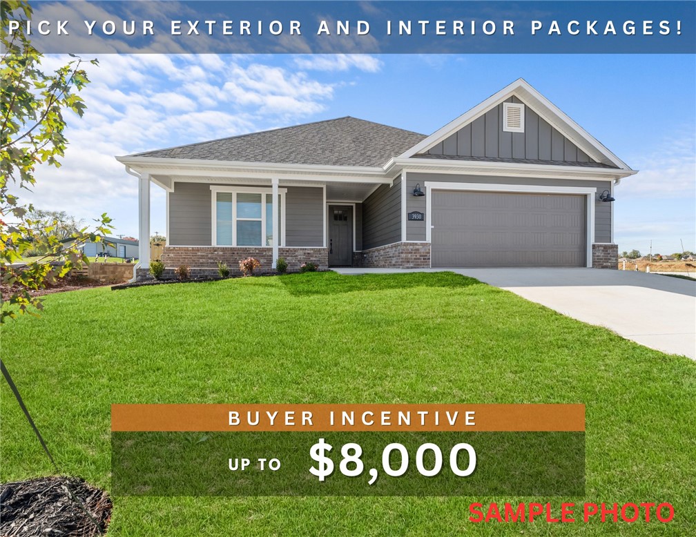 Fence, blinds and gutters included! Discover your dream home in the new neighborhood- Jacob's Crossing. Fredrick plan with 1 level, garage on the left & West facing! Pick your exterior and interior packages! 10 ft ceilings in the living room, linear electric fireplace, LVP flooring throughout the main living areas & primary bedroom, quartz countertops & more. Chef's kitchen boasting frigidaire stainless steel appliances, gas range, pantry, quartz countertops, bar pull handles, large island & gorgeous backsplash. Luxurious primary bedroom features abundant natural light, while the spa-like primary bathroom offers a walk-in shower, double sinks, tub & spacious walk-in closets. Additional features include three large secondary bedrooms and a separate laundry room. Nestled on a generous lot with covered patio that overlooks the serene sodded, fully fenced backyard, creating an exceptional living experience. Sturdy concrete siding & brick! Model home located at 3631 Tranquility St-Lot 1.