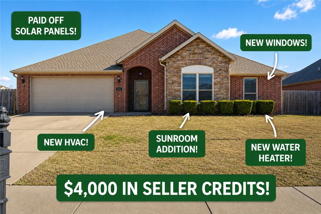 4K in seller credits! Paid-off solar panels help keep utility costs down in this well-maintained, upgraded home featuring a newer HVAC system, tankless water heater, and updated windows. The sunroom addition creates the perfect space to relax and enjoy year-round.
Located less than a one-minute walk to the neighborhood clubhouse, pool, and basketball courts, this home also offers convenient access to Shaw Elementary, I-49, Hwy 612, shopping, dining, and the Walmart Home Office. Situated in an established community with great amenities and a prime location.
Washer, dryer, hot tub, storage shed, gas grill, and Ring doorbell system convey! Up to 1% lender credits with preferred lender!!