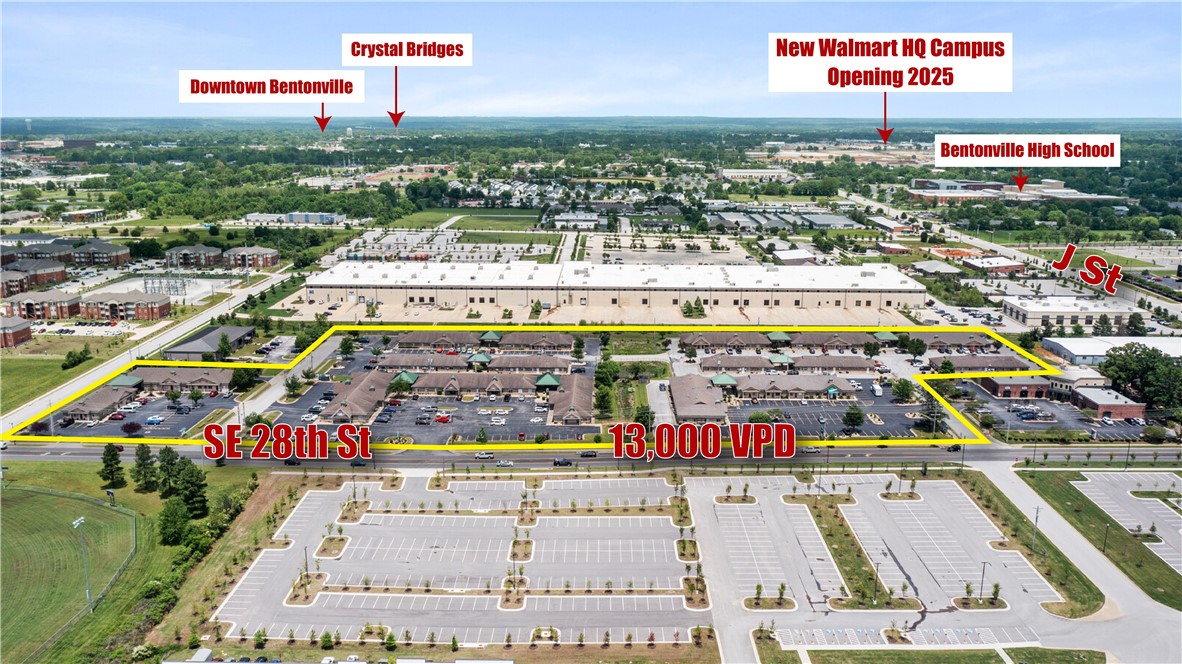 Executive Medical/General Office Park that is 95.4% Leased, listed for a true 6.8% Cap Rate, and Priced WELL-BELOW Replacement cost at $134.75 PSF! Located in the heart of Booming Bentonville, one of the fastest-growing market centers in the country!  Additionally, this investment offers a solid mix of tenants: Roughly 33% Medical, 44% General Business, 17% Walmart Vendor/Suppliers, and 6% Child Services such as daycare and tutoring centers. Nestled between two of the busiest streets in town, S. Walton Blvd. & SE J St.; This offering includes 100,183sqft comprising of 17 buildings with 58 units. 11 of the buildings have brand new roofs, the other 6 will be brand new by closing for the new buyer to enjoy. The property is on a sprawling 11-acres, estimated to be worth $5,000,000 in itself. Boasting Major Road Frontage on SE 28th St. which sees over 13,000 VPD! Conveniently close to everything: Downtown Bentonville, Crystal Bridges Museum, & Walmart’s new 350-acre World HQ, all within 2.5 miles & easy access to I-49.