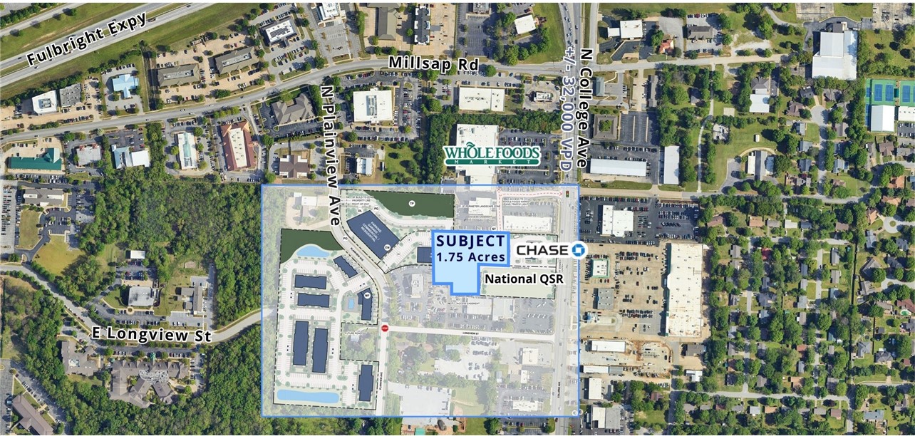 • Zoning: Urban Corridor, allowing for a broad range of commercial and mixed-use developments
• Fayetteville’s highest traffic corridor, serving dense housing and largest daytime population
• Near all of Fayetteville’s highest volume restaurants and retailers
• Very high barrier to entry along the North College corridor
• Multiple access points allowing for easy ingress and egress