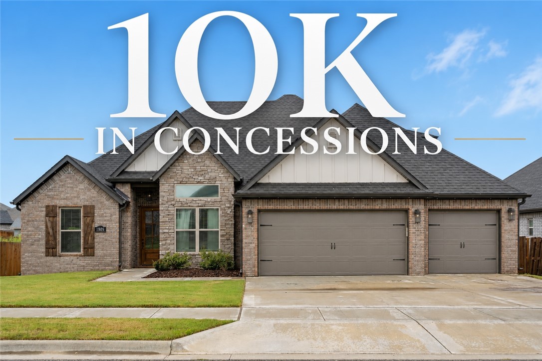 $10,000 in concessions!!! Better than new! This upgraded Pea Ridge home offers modern efficiency and thoughtful design with 5 bedrooms (or 4 + office), 2.5 baths, a split floor plan, and a 3-car garage. Enjoy an open-concept layout filled with natural light, accent walls, upgraded lighting, blinds throughout, and newly painted bedrooms.

Energy savings year-round with paid-off solar panels keeping electric bills under $100/month. Outdoor living shines with an extended covered patio, outdoor fireplace, custom pergola, mature landscaping, and a fully fenced, tree-lined backyard.

Priced at $193/sqft, this home comes in below both the neighborhood active average and recent sold comps — making it one of the strongest values currently available in the community. Move-in ready and energy-efficient, this home truly stands out from new construction. Only 9 miles to the Walmart Campus.