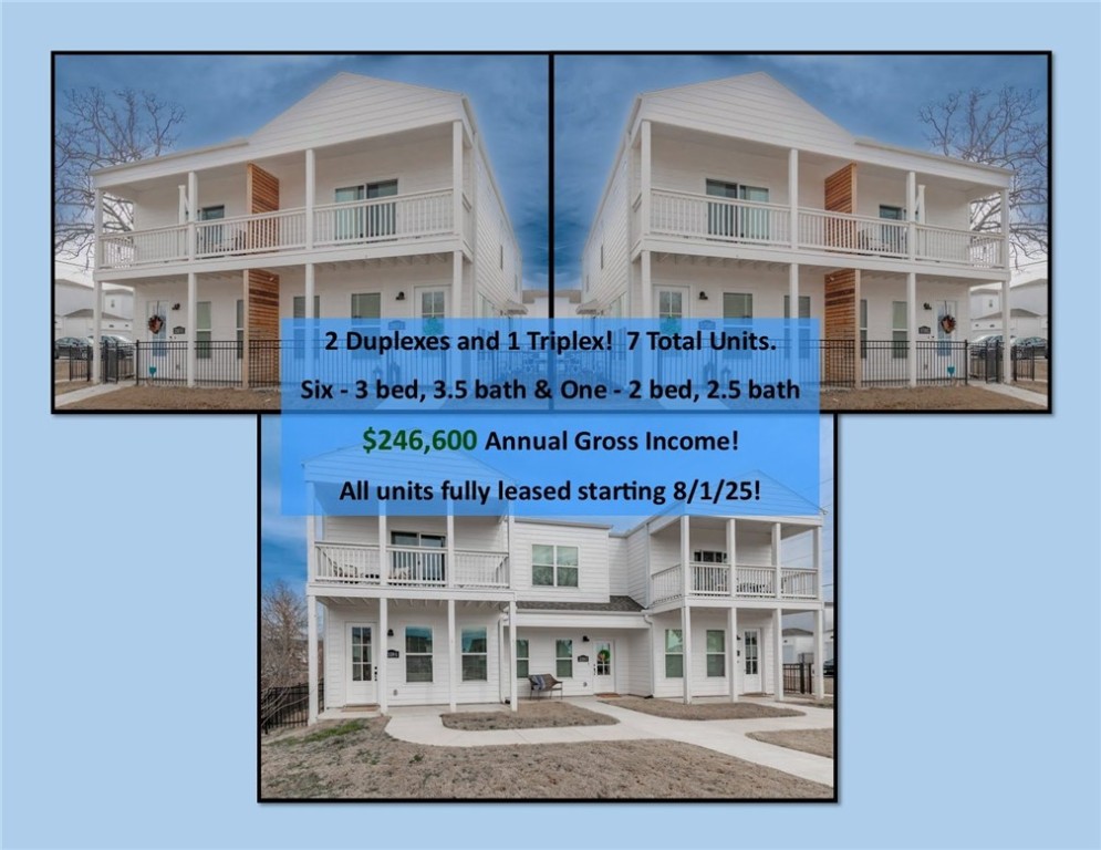 BRAND NEW INVESTMENT PROPERTY IN AN OPPORTUNITY ZONE! Property has 2 duplexes and 1 triplex for a total of 7 units! All units are fully leased with a total annual gross income of $246,600. All leases start August 1st. 1 year builders' warranty is transferrable to new owners. Six units are 1757 square feet with 3 bedrooms and 3.5 baths.  The middle unit of the Triplex is 1103 square feet with 2 bedrooms, and 2.5 baths.  All units feature a spacious open layout, big kitchen island, beautiful quartz countertops, durable luxury vinyl plank flooring, custom built cabinets to the ceiling, gas range, built in microwave, fridge, washer, dryer, and so much more!  All bedrooms have their own private bathroom!  Location is just minutes from the U of A, Dickson St, Fayetteville Square and more!   Within walking distance to the Razorback Baseball Stadium!  Easy access to walking/biking trails and the razorback greenway.  Pictures are of the same floor plans built in different locations.  Some features and finishes may vary.