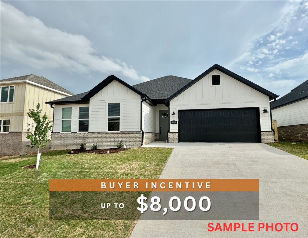 Fence, blinds and gutters included! Discover your dream home in the sought-after Osage Hills neighborhood. Arkansas plan with garage on the left and South facing! 10 ft ceilings in the living/kitchen area, linear electric fireplace, 1 level, LVP flooring throughout the main living areas and primary bedroom, quartz countertops and more. Chef's kitchen boasting frigidaire stainless steel appliances, gas range, pantry, quartz countertops, bar pull handles, large island and gorgeous backsplash. Luxurious primary bedroom features abundant natural light, while the spa-like primary bathroom offers a walk-in shower, double sinks, and spacious walk-in closets. Additional features include two large secondary bedrooms and a separate laundry room. Nestled on a generous lot with covered patio that overlooks the serene sodded, fully fenced backyard. Sturdy concrete siding & brick! Model home located at 6008 SW Coywolf St- Lot 122.