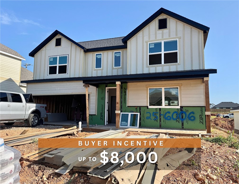 Up to $8,000 BUYER INCENTIVE. Fence, blinds and gutters included! Discover your dream home in the sought-after Osage Hills neighborhood. Frisco plan with garage on the left and South facing! 9 ft ceilings, linear electric fireplace, LVP flooring throughout the main living areas and primary bedroom, quartz countertops and more. Chef's kitchen boasting frigidaire stainless steel appliances, gas range, pantry, quartz countertops, bar pull handles, large island and gorgeous backsplash. Luxurious primary bedroom features abundant natural light, while the spa-like primary bathroom offers a walk-in shower, tub, double sinks, and spacious walk-in closets. Additional features include three large secondary bedrooms upstairs and a separate laundry room. Nestled on a generous lot with covered patio that overlooks the serene sodded, fully fenced backyard. Sturdy concrete siding & brick! Model home located at 6008 SW Coywolf St- Lot 122.