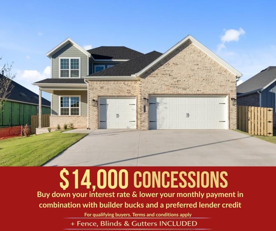 Welcome to the Willow Plan a stunning 2,285 sq. ft., 4-bedroom, 2.5-bath home with a dedicated office and 3-car garage, located in the desirable Yorktown Subdivision of Pea Ridge, Thoughtfully designed with 10-foot ceilings across the main floor, this home offers a bright, open, and inviting feel throughout. The accent wall in the office and custom trim surrounding the electric fireplace add beautiful designer touches that make this home truly stand out.  The dreamy kitchen showcases a large center island and a spacious pantry, perfect for cooking, entertaining, and everyday living. Enjoy outdoor relaxation on the covered front porch and covered back patio.For a limited time, lower your interest rate with up to $14,000 in builder bucks and preferred lender incentives! Plus, fence, blinds, and gutters are all included.