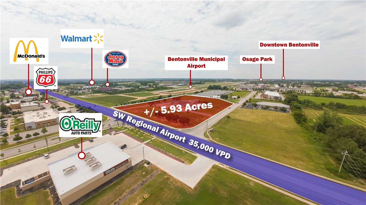 This prime +/- 6 acre commercial property offers an unbeatable location just off SW Regional Airport Blvd, which approx. 35,000 VPD. Zoned C-2 General Commercial, currently an event venue, but is ideal for retail space, restaurants, medical offices, professional offices, auto repair shops, car washes, and more. The site is open, level, and development ready with electric and water available on site and sewer access at the street (1,200' west). Positioned next to the Bentonville Municipal Airport, the property is only 2 miles from I-49, 3 miles from Walmart's new World HQ, 3.1 miles from Downtown Bentonville, and 10 miles from Northwest Arkansas National Airport (XNA). With exceptional visibility, strong traffic counts, and utilities already in place, this lot is an outstanding opportunity for investors and business owners seeking high exposure commercial real estate in one of the fastest growing markets in NWA!