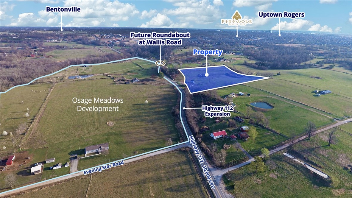 *Showings by appointment only.

Commercial lot fronting Highway 112 for sale and ready for development in Cave Springs, Arkansas. Land is across Highway 112 from future residential and retail development, Osage Meadows with 121 single-family homes. Highway 112 is undergoing road improvements and widening, which gives the corridor great future growth opportunity. The intersection of Highway 112 and Wallis Road will soon have a roundabout.
• +/- 9.96 acres for sale in a direct path of growth in Cave Springs
• Zoned “A-1,” with single family residence currently on the property
• Future land use plan shows Mixed-Use and Neighborhood transition
• 10,000 vpd traffic count and expected to grow with Hwy 112 expansion
• Future roundabout at Hwy 112 / Wallis Road to the north
• Adjacent to Osage Meadows PZD, a mix of commercial & residential uses planned
• Home & garage convey with property as-is (price based on land value)
• Size may vary by 1 ac +/- depending on Right of Way for Highway 112