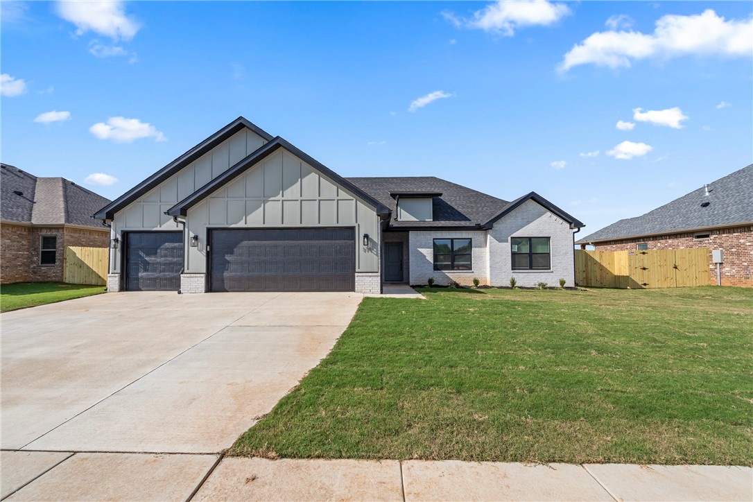 Brand new layout in Summerfield Subdivision with 3 Bedrooms, 2 full baths and a 3 car garage. Living Areas are open but are defined spaces perfect for entertaining. The Kitchen has a large island plus stainless steel appliances including a gas range and a vented microwave. Large Living room with a trey ceiling and a gas log fireplace. The Primary Suite has a large bathroom with 2 separate vanities, a fully tiled shower. The Primary closet is massive - you must see it! The Utility Room has lots of storage and a countertop to make folding laundry a breeze. Trendy exterior finish featuring a combination of brick and concrete siding. Close to Creekside Park which features a trail, picnic tables & benches, large playgrounds, basketball courts, tennis/pickleball courts, a ninja course, disc golf course & a pavilion. Blinds, gutters & a full fence are also included.