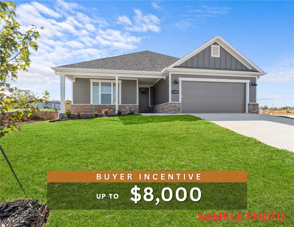 Fence, blinds and gutters included! Discover your dream home in the new neighborhood- Jacob's Crossing. Fredrick plan with 1 level, garage on the left & North facing! 10 ft ceilings in the living room, linear electric fireplace, LVP flooring throughout the main living areas & primary bedroom, quartz countertops & more. Chef's kitchen boasting frigidaire stainless steel appliances, gas range, pantry, quartz countertops, bar pull handles, large island & gorgeous backsplash. Upgraded island paint color will be Mindful Gray! Luxurious primary bedroom features abundant natural light, while the spa-like primary bathroom offers a walk-in shower, double sinks, tub & spacious walk-in closets. Additional features include three large secondary bedrooms and a separate laundry room. Nestled on a generous lot with covered patio that overlooks the serene sodded, fully fenced backyard, creating an exceptional living experience. Sturdy concrete siding & brick! Model home located at 3631 Tranquility St-Lot 1.
