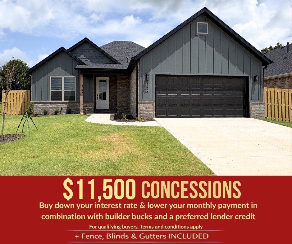 Welcome to the Dove Plan in Concord, where the charm of small-town living meets modern comfort in the heart of Pea Ridge. This thoughtfully designed 1,886-square-foot home offers 4 bedrooms, 2 bathrooms, a dedicated study nook, and a 2-car garage all on one level. The open-concept floor plan is perfect for both everyday living and entertaining, while 10-foot ceilings in the living room and primary suite create a bright, spacious atmosphere. The elegant 8-foot front door makes a stunning first impression, and framed mirrors in the bathrooms add a custom designer touch. The private primary suite provides a relaxing retreat, while three additional bedrooms and the study nook offer flexibility. For a limited time, lower your interest rate with up to $11,500 in builder bucks and preferred lender incentives! Plus, fence, blinds, and gutters are all included.